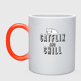 Кружка хамелеон с принтом Catflix в городе Новоалтайск, керамика | меняет цвет при нагревании, емкость 330 мл | animal | cat | cute | kitty | meow | друг | животные | киска | кися | китти | кот | котенок | котик | котэ | кошечка | кошка | мур | мяу | питомец