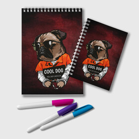 Блокнот с принтом Cool dog в городе Новоалтайск, 100% бумага | 48 листов, плотность листов — 60 г/м2, плотность картонной обложки — 250 г/м2. Листы скреплены удобной пружинной спиралью. Цвет линий — светло-серый
 | Тематика изображения на принте: арт | графика | животные | заключенный | звери | зек | мопс | наручники | собака