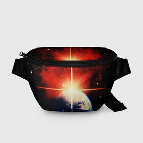 Поясная сумка 3D с принтом Космос земля 3D в городе Новоалтайск, 100% полиэстер | плотная ткань, ремень с регулируемой длиной, внутри несколько карманов для мелочей, основное отделение и карман с обратной стороны сумки застегиваются на молнию | вселенная | галактика | звёзды | земля | космос | лучи | рассвет | сияние | солнце