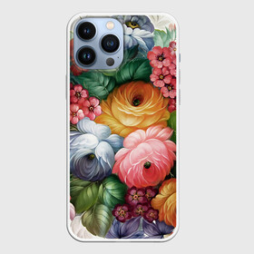 Чехол для iPhone 13 Pro Max с принтом Розы на белом в городе Новоалтайск,  |  | Тематика изображения на принте: букет | декоративная роспись | живопись | жостово | жостовская роспись | розы | цветы
