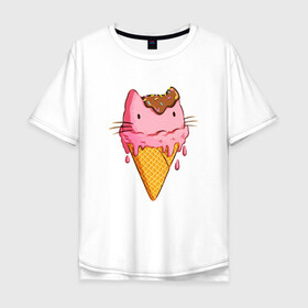 Мужская футболка хлопок Oversize с принтом Cat Ice Cream в городе Новоалтайск, 100% хлопок | свободный крой, круглый ворот, “спинка” длиннее передней части | animal | cat | cute | ice cream | kitty | meow | друг | еда | животные | киска | кися | китти | кот | котенок | котик | котэ | кошечка | кошка | мороженое | мур | мяу | питомец