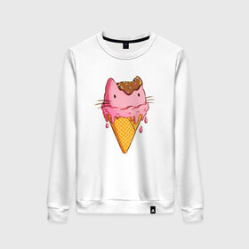 Женский свитшот хлопок с принтом Cat Ice Cream в городе Новоалтайск, 100% хлопок | прямой крой, круглый вырез, на манжетах и по низу широкая трикотажная резинка  | animal | cat | cute | ice cream | kitty | meow | друг | еда | животные | киска | кися | китти | кот | котенок | котик | котэ | кошечка | кошка | мороженое | мур | мяу | питомец