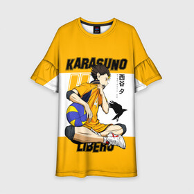 Детское платье 3D с принтом Юу Нишиноя из Карасуно Haikyu!! в городе Новоалтайск, 100% полиэстер | прямой силуэт, чуть расширенный к низу. Круглая горловина, на рукавах — воланы | 4 номер | anime | haikyu | haikyuu | karasuno | manga | аниме | божественный хранитель карасуно | волейбол | волейбольный клуб | карасуно | манга | ноя сан | саеко | старшая школа | супер либеро | хаику | хаикую | юу чан