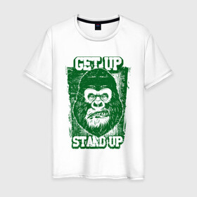 Мужская футболка хлопок с принтом Get Up - Stand Up в городе Новоалтайск, 100% хлопок | прямой крой, круглый вырез горловины, длина до линии бедер, слегка спущенное плечо. | bob marley | get up | get up stand up | gorilla | stand up | боб марли | вставай | горилла | обезьяна