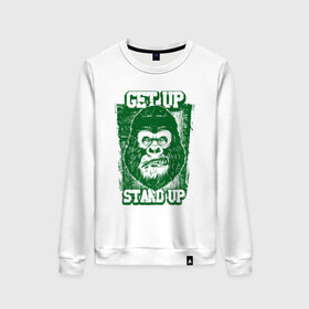 Женский свитшот хлопок с принтом Get Up - Stand Up в городе Новоалтайск, 100% хлопок | прямой крой, круглый вырез, на манжетах и по низу широкая трикотажная резинка  | bob marley | get up | get up stand up | gorilla | stand up | боб марли | вставай | горилла | обезьяна