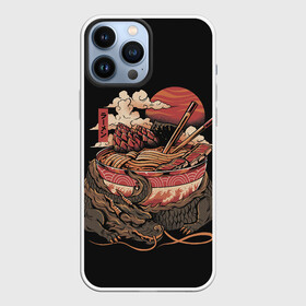 Чехол для iPhone 13 Pro Max с принтом Ramen Protector в городе Новоалтайск,  |  | Тематика изображения на принте: chinese | clouds | dawn | defender | dragon | fire breathing | japan | monster | protector | ramen | reptile | sticks | sunset | дракон | закат | защитник | китайский | монстр | облака | огнедышащий | палочки | рамен | рамэн | рассвет | япония