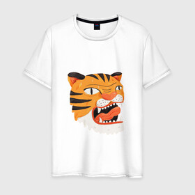 Мужская футболка хлопок с принтом Mad tiger в городе Новоалтайск, 100% хлопок | прямой крой, круглый вырез горловины, длина до линии бедер, слегка спущенное плечо. | берсерк | злось | пантера | показывать язык | тигр