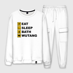 Мужской костюм хлопок с принтом Eat, Sleep, Bath, Wu-Tang в городе Новоалтайск, 100% хлопок | на свитшоте круглая горловина, мягкая резинка по низу. Брюки заужены к низу, на них два вида карманов: два “обычных” по бокам и два объемных, с клапанами, расположенные ниже линии бедра. Брюки с мягкой трикотажной резинкой на поясе и по низу штанин. В поясе для дополнительного комфорта — широкие завязки | black | gza | hip hop | method man | music | new york | odb | old school | rap | rza | wu tang | wu tang clan | аудио | винил | ву тэнг | граффити | диджей | кассета | микрофон | музыка | нью йорк | пластинка | рэп | рэпер | хип хоп