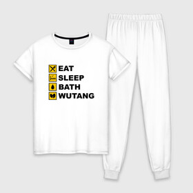 Женская пижама хлопок с принтом Eat, Sleep, Bath, Wu-Tang в городе Новоалтайск, 100% хлопок | брюки и футболка прямого кроя, без карманов, на брюках мягкая резинка на поясе и по низу штанин | black | gza | hip hop | method man | music | new york | odb | old school | rap | rza | wu tang | wu tang clan | аудио | винил | ву тэнг | граффити | диджей | кассета | микрофон | музыка | нью йорк | пластинка | рэп | рэпер | хип хоп