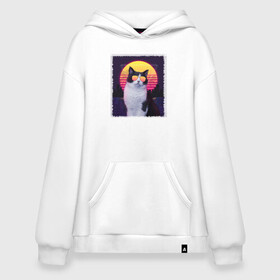 Худи SuperOversize хлопок с принтом synthwave cat в городе Новоалтайск, 70% хлопок, 30% полиэстер, мягкий начес внутри | карман-кенгуру, эластичная резинка на манжетах и по нижней кромке, двухслойный капюшон
 | Тематика изображения на принте: cat | music style | new retro | newretro | retro | retrowave | synthwave | кот в очках | котик в очках | нью ретро | ретро волна | ретро стиль