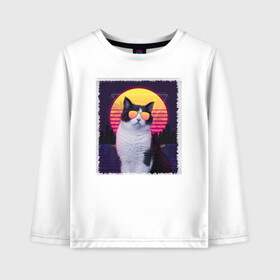 Детский лонгслив хлопок с принтом synthwave cat в городе Новоалтайск, 100% хлопок | круглый вырез горловины, полуприлегающий силуэт, длина до линии бедер | cat | music style | new retro | newretro | retro | retrowave | synthwave | кот в очках | котик в очках | нью ретро | ретро волна | ретро стиль