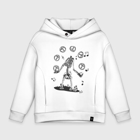 Детское худи Oversize хлопок с принтом Peace & Music в городе Новоалтайск, френч-терри — 70% хлопок, 30% полиэстер. Мягкий теплый начес внутри —100% хлопок | боковые карманы, эластичные манжеты и нижняя кромка, капюшон на магнитной кнопке | Тематика изображения на принте: любовь | мир | музыка | ноты | скелет | хиппи | черно белый