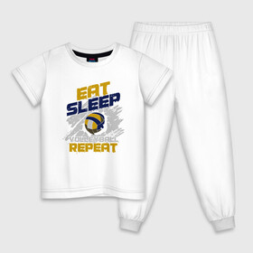 Детская пижама хлопок с принтом Eat, Sleep, Volleyball в городе Новоалтайск, 100% хлопок |  брюки и футболка прямого кроя, без карманов, на брюках мягкая резинка на поясе и по низу штанин
 | Тематика изображения на принте: ball | beach | game | sport | volley | volleyball | волейбол | волейболист | волейболистка | гол | игра | игрок | мяч | площадка | пляж | пляжный | победа | сетка | спорт | тренер | чемпион