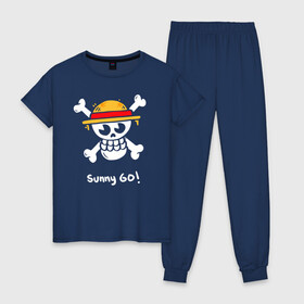 Женская пижама хлопок с принтом Sunny Go! One Piece в городе Новоалтайск, 100% хлопок | брюки и футболка прямого кроя, без карманов, на брюках мягкая резинка на поясе и по низу штанин | anime | manga | one piece | аниме | большой куш | ван пис | весёлый роджер | вон пис | король пиратов | логотип | манга | монки д. луффи | мугивары | перекрещённый костями | пират | пиратский флаг