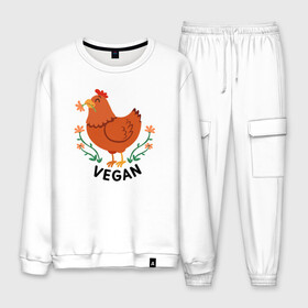Мужской костюм хлопок с принтом Vegan Chicken в городе Новоалтайск, 100% хлопок | на свитшоте круглая горловина, мягкая резинка по низу. Брюки заужены к низу, на них два вида карманов: два “обычных” по бокам и два объемных, с клапанами, расположенные ниже линии бедра. Брюки с мягкой трикотажной резинкой на поясе и по низу штанин. В поясе для дополнительного комфорта — широкие завязки | green | greenpaece | nature | sport | vegan | yoga | веган | вегетарианец | гринпис | еда | животные | жизнь | здоровье | зеленый | йога | курица | мир | овощи | пища | планета | природа | растение | спорт | тело | фрукты