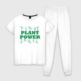 Женская пижама хлопок с принтом Plant Power в городе Новоалтайск, 100% хлопок | брюки и футболка прямого кроя, без карманов, на брюках мягкая резинка на поясе и по низу штанин | green | greenpaece | nature | sport | vegan | yoga | веган | вегетарианец | гринпис | еда | животные | жизнь | здоровье | зеленый | йога | мир | овощи | пища | планета | природа | растение | спорт | тело | фрукты