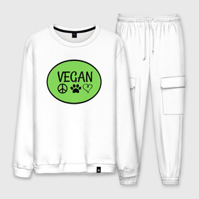 Мужской костюм хлопок с принтом Vegan Family в городе Новоалтайск, 100% хлопок | на свитшоте круглая горловина, мягкая резинка по низу. Брюки заужены к низу, на них два вида карманов: два “обычных” по бокам и два объемных, с клапанами, расположенные ниже линии бедра. Брюки с мягкой трикотажной резинкой на поясе и по низу штанин. В поясе для дополнительного комфорта — широкие завязки | green | greenpaece | nature | sport | vegan | yoga | веган | вегетарианец | гринпис | еда | животные | жизнь | здоровье | зеленый | йога | мир | овощи | пища | планета | природа | растение | спорт | тело | фрукты