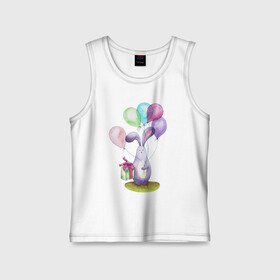 Детская майка хлопок с принтом Зай с шариками в городе Новоалтайск,  |  | birthday | bunny | gift | lilac | pink | spring | summer | watercolor | акварель | воздушныешары | деньрождения | зайчик | подарок | праздник | розовый | сиреневый