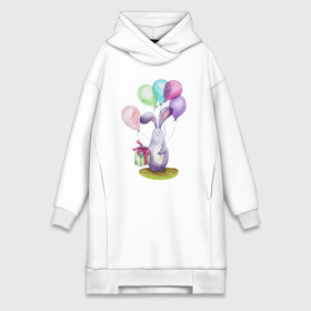 Платье-худи хлопок с принтом Зай с шариками в городе Новоалтайск,  |  | birthday | bunny | gift | lilac | pink | spring | summer | watercolor | акварель | воздушныешары | деньрождения | зайчик | подарок | праздник | розовый | сиреневый
