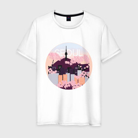 Мужская футболка хлопок с принтом Seoul Tower With Woodblock в городе Новоалтайск, 100% хлопок | прямой крой, круглый вырез горловины, длина до линии бедер, слегка спущенное плечо. | Тематика изображения на принте: 3racha | bts | bts idol | drake | exid hot pink | ikon | kpop | seoul tower with woodblock style cherry blossoms south korea | sleepy baby wolf | stay gold | кейпоп | корейская музыка | корея | кпоп | поп