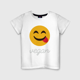 Детская футболка хлопок с принтом Vegan Smile в городе Новоалтайск, 100% хлопок | круглый вырез горловины, полуприлегающий силуэт, длина до линии бедер | green | greenpaece | nature | sport | vegan | yoga | веган | вегетарианец | гринпис | еда | животные | жизнь | здоровье | зеленый | йога | мир | овощи | пища | планета | природа | растение | спорт | тело | улыбка | фрукты