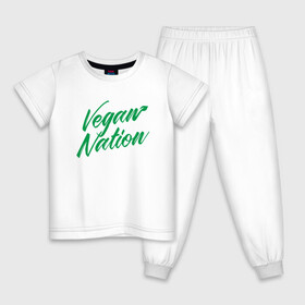 Детская пижама хлопок с принтом Vegan Nation в городе Новоалтайск, 100% хлопок |  брюки и футболка прямого кроя, без карманов, на брюках мягкая резинка на поясе и по низу штанин
 | green | greenpaece | nature | sport | vegan | yoga | веган | вегетарианец | гринпис | еда | животные | жизнь | здоровье | зеленый | йога | мир | овощи | пища | планета | природа | растение | спорт | тело | фрукты