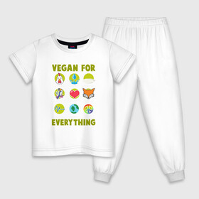 Детская пижама хлопок с принтом Vegan For Everything в городе Новоалтайск, 100% хлопок |  брюки и футболка прямого кроя, без карманов, на брюках мягкая резинка на поясе и по низу штанин
 | green | greenpaece | nature | sport | vegan | yoga | веган | вегетарианец | гринпис | еда | животные | жизнь | здоровье | зеленый | йога | мир | овощи | пища | планета | природа | растение | спорт | тело | фрукты