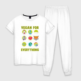 Женская пижама хлопок с принтом Vegan For Everything в городе Новоалтайск, 100% хлопок | брюки и футболка прямого кроя, без карманов, на брюках мягкая резинка на поясе и по низу штанин | green | greenpaece | nature | sport | vegan | yoga | веган | вегетарианец | гринпис | еда | животные | жизнь | здоровье | зеленый | йога | мир | овощи | пища | планета | природа | растение | спорт | тело | фрукты