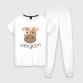 Женская пижама хлопок с принтом Vegan Cow в городе Новоалтайск, 100% хлопок | брюки и футболка прямого кроя, без карманов, на брюках мягкая резинка на поясе и по низу штанин | cow | green | greenpaece | nature | sport | vegan | yoga | веган | вегетарианец | гринпис | еда | животные | жизнь | здоровье | зеленый | йога | корова | мир | овощи | пища | планета | природа | растение | спорт | тело | фрукты
