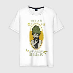 Мужская футболка хлопок с принтом Relax в городе Новоалтайск, 100% хлопок | прямой крой, круглый вырез горловины, длина до линии бедер, слегка спущенное плечо. | Тематика изображения на принте: beer | drink | genie | джинн | медитация | релакс | хмель