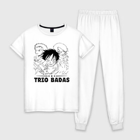Женская пижама хлопок с принтом TRIO BADAS One Piece в городе Новоалтайск, 100% хлопок | брюки и футболка прямого кроя, без карманов, на брюках мягкая резинка на поясе и по низу штанин | anime | manga | monkey d. luffy | one piece | vinsmoke sanji | zoro roronoa | аниме | большой куш | ван пис | винсмок санджи | вон пис | король пиратов | луфи | луффи | манга | манки д. луффи | пират | ророноа зоро | соломенная шляпа