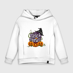 Детское худи Oversize хлопок с принтом Trick or treat в городе Новоалтайск, френч-терри — 70% хлопок, 30% полиэстер. Мягкий теплый начес внутри —100% хлопок | боковые карманы, эластичные манжеты и нижняя кромка, капюшон на магнитной кнопке | Тематика изображения на принте: trick or treat | кошелек или жизнь | надгробие | плющ | растение | тыква | хэллоуин | шляпа