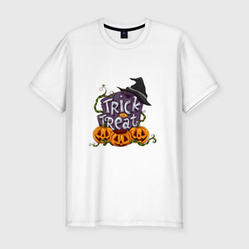 Мужская футболка хлопок Slim с принтом Trick or treat в городе Новоалтайск, 92% хлопок, 8% лайкра | приталенный силуэт, круглый вырез ворота, длина до линии бедра, короткий рукав | trick or treat | кошелек или жизнь | надгробие | плющ | растение | тыква | хэллоуин | шляпа