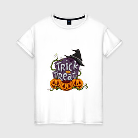 Женская футболка хлопок с принтом Trick or treat в городе Новоалтайск, 100% хлопок | прямой крой, круглый вырез горловины, длина до линии бедер, слегка спущенное плечо | trick or treat | кошелек или жизнь | надгробие | плющ | растение | тыква | хэллоуин | шляпа