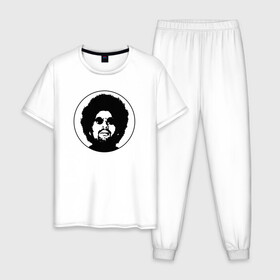 Мужская пижама хлопок с принтом GTAO DJ MOODYMANN в городе Новоалтайск, 100% хлопок | брюки и футболка прямого кроя, без карманов, на брюках мягкая резинка на поясе и по низу штанин
 | ammunation | auto | cayo | game | grand | gta | gta5 | ifruit | los santos | moodymann | online | perico | rockstar | securoserv | sessanta | theft | wasted | айфруит | гта | гта5 | игра | лос сантос | майкл | онлайн | потрачено | рокстар | тревор | франк