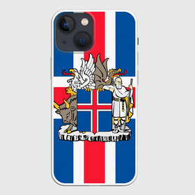 Чехол для iPhone 13 mini с принтом Флаг и Герб Исландии в городе Новоалтайск,  |  | Тематика изображения на принте: бык | герб | грифон | дракон | исландии | исландия | коровы | красный | линии | орел | пастух | синий | флаг
