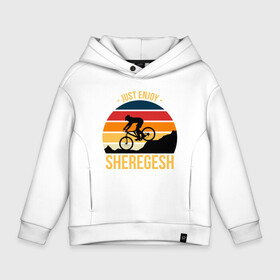 Детское худи Oversize хлопок с принтом Just enjoy. Sheregesh в городе Новоалтайск, френч-терри — 70% хлопок, 30% полиэстер. Мягкий теплый начес внутри —100% хлопок | боковые карманы, эластичные манжеты и нижняя кромка, капюшон на магнитной кнопке | gesh | sheregesh | велоспорт | вершина | геш | горы | горы шерегеша | отдых | шерегеш