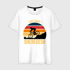 Мужская футболка хлопок с принтом Just enjoy. Sheregesh в городе Новоалтайск, 100% хлопок | прямой крой, круглый вырез горловины, длина до линии бедер, слегка спущенное плечо. | gesh | sheregesh | велоспорт | вершина | геш | горы | горы шерегеша | отдых | шерегеш