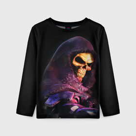 Детский лонгслив 3D с принтом Skeletor | Masters of the Universe (+спина)  (Z) в городе Новоалтайск, 100% полиэстер | длинные рукава, круглый вырез горловины, полуприлегающий силуэт
 | he man | logo | masters of the universe | she ra | skeletor | властелины вселенной | логип | лого | мульт | мультфильм | скелетор