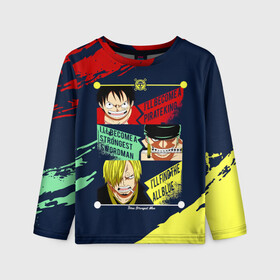 Детский лонгслив 3D с принтом Луффи, Зоро и Санджи One Piece в городе Новоалтайск, 100% полиэстер | длинные рукава, круглый вырез горловины, полуприлегающий силуэт
 | monkey d. luffy | one piece | vinsmoke sanji | zoro roronoa | большой куш | ван пис | винсмок санджи | вон пис | зородзюро | капитан | кок | луси | луфи | луффи | манки д. луффи | мугивара | пират | ророноа зоро | соломенная шляпа