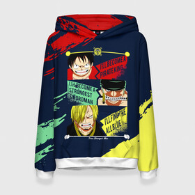 Женская толстовка 3D с принтом Луффи, Зоро и Санджи One Piece в городе Новоалтайск, 100% полиэстер  | двухслойный капюшон со шнурком для регулировки, мягкие манжеты на рукавах и по низу толстовки, спереди карман-кенгуру с мягким внутренним слоем. | monkey d. luffy | one piece | vinsmoke sanji | zoro roronoa | большой куш | ван пис | винсмок санджи | вон пис | зородзюро | капитан | кок | луси | луфи | луффи | манки д. луффи | мугивара | пират | ророноа зоро | соломенная шляпа