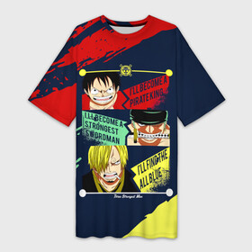 Платье-футболка 3D с принтом Луффи, Зоро и Санджи One Piece в городе Новоалтайск,  |  | monkey d. luffy | one piece | vinsmoke sanji | zoro roronoa | большой куш | ван пис | винсмок санджи | вон пис | зородзюро | капитан | кок | луси | луфи | луффи | манки д. луффи | мугивара | пират | ророноа зоро | соломенная шляпа