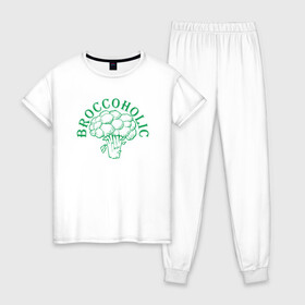 Женская пижама хлопок с принтом Broccoholic в городе Новоалтайск, 100% хлопок | брюки и футболка прямого кроя, без карманов, на брюках мягкая резинка на поясе и по низу штанин | green | greenpaece | nature | sport | vegan | yoga | веган | вегетарианец | гринпис | еда | животные | жизнь | здоровье | зеленый | йога | мир | овощи | пища | планета | природа | растение | спорт | тело | фрукты