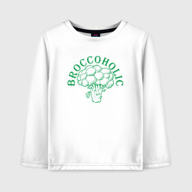 Детский лонгслив хлопок с принтом Broccoholic в городе Новоалтайск, 100% хлопок | круглый вырез горловины, полуприлегающий силуэт, длина до линии бедер | green | greenpaece | nature | sport | vegan | yoga | веган | вегетарианец | гринпис | еда | животные | жизнь | здоровье | зеленый | йога | мир | овощи | пища | планета | природа | растение | спорт | тело | фрукты
