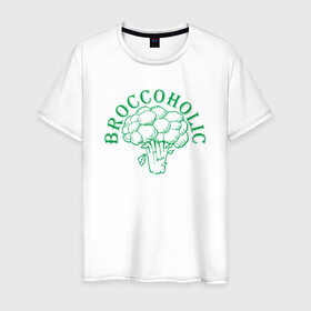Мужская футболка хлопок с принтом Broccoholic в городе Новоалтайск, 100% хлопок | прямой крой, круглый вырез горловины, длина до линии бедер, слегка спущенное плечо. | green | greenpaece | nature | sport | vegan | yoga | веган | вегетарианец | гринпис | еда | животные | жизнь | здоровье | зеленый | йога | мир | овощи | пища | планета | природа | растение | спорт | тело | фрукты