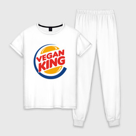 Женская пижама хлопок с принтом Vegan King в городе Новоалтайск, 100% хлопок | брюки и футболка прямого кроя, без карманов, на брюках мягкая резинка на поясе и по низу штанин | green | greenpeace | nature | sport | vegan | yoga | веган | вегетарианец | гринпис | еда | животные | жизнь | здоровье | зеленый | йога | мир | овощи | пища | планета | природа | растение | спорт | тело | фрукты