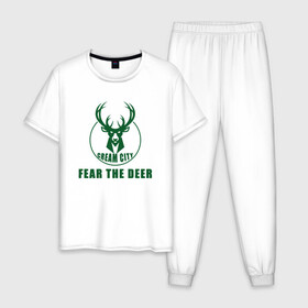 Мужская пижама хлопок с принтом Fear The Deer в городе Новоалтайск, 100% хлопок | брюки и футболка прямого кроя, без карманов, на брюках мягкая резинка на поясе и по низу штанин
 | antetokounmpo | basketball | bucks | giannis | milwaukee | mvp | nba | sport | streetball | адетокумбо | бакс | баскетбол | игра | милуоки | мяч | нба | олень | спорт | стритбол | тренер | чемпион | янис