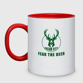 Кружка двухцветная с принтом Fear The Deer в городе Новоалтайск, керамика | объем — 330 мл, диаметр — 80 мм. Цветная ручка и кайма сверху, в некоторых цветах — вся внутренняя часть | antetokounmpo | basketball | bucks | giannis | milwaukee | mvp | nba | sport | streetball | адетокумбо | бакс | баскетбол | игра | милуоки | мяч | нба | олень | спорт | стритбол | тренер | чемпион | янис