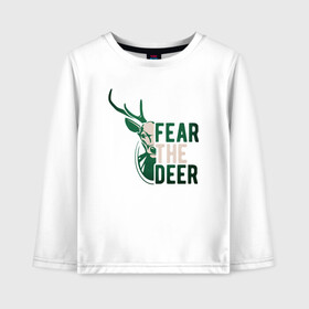 Детский лонгслив хлопок с принтом Fear The Deer в городе Новоалтайск, 100% хлопок | круглый вырез горловины, полуприлегающий силуэт, длина до линии бедер | Тематика изображения на принте: antetokounmpo | basketball | bucks | giannis | milwaukee | mvp | nba | sport | streetball | адетокумбо | бакс | баскетбол | игра | милуоки | мяч | нба | олень | спорт | стритбол | тренер | чемпион | янис