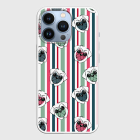 Чехол для iPhone 13 Pro с принтом Мопсы в полоску в городе Новоалтайск,  |  | летний | мопсы | мордочки | полоска | розовый с зеленым | собаки